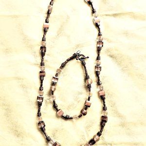 Necklace and Bracelet hand made bronze glass beads, spacers 22", 8", laid flat